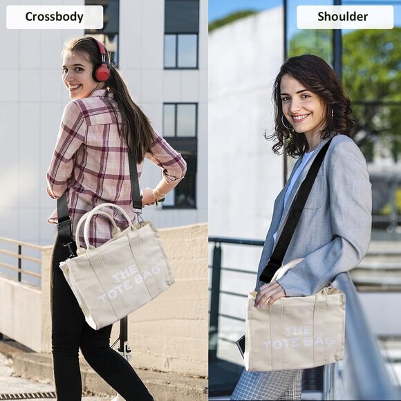 Women Beige Personalized Canvas Crossbody Tote Bags with Zipper Mini Top-Handle - Picture 2 of 6